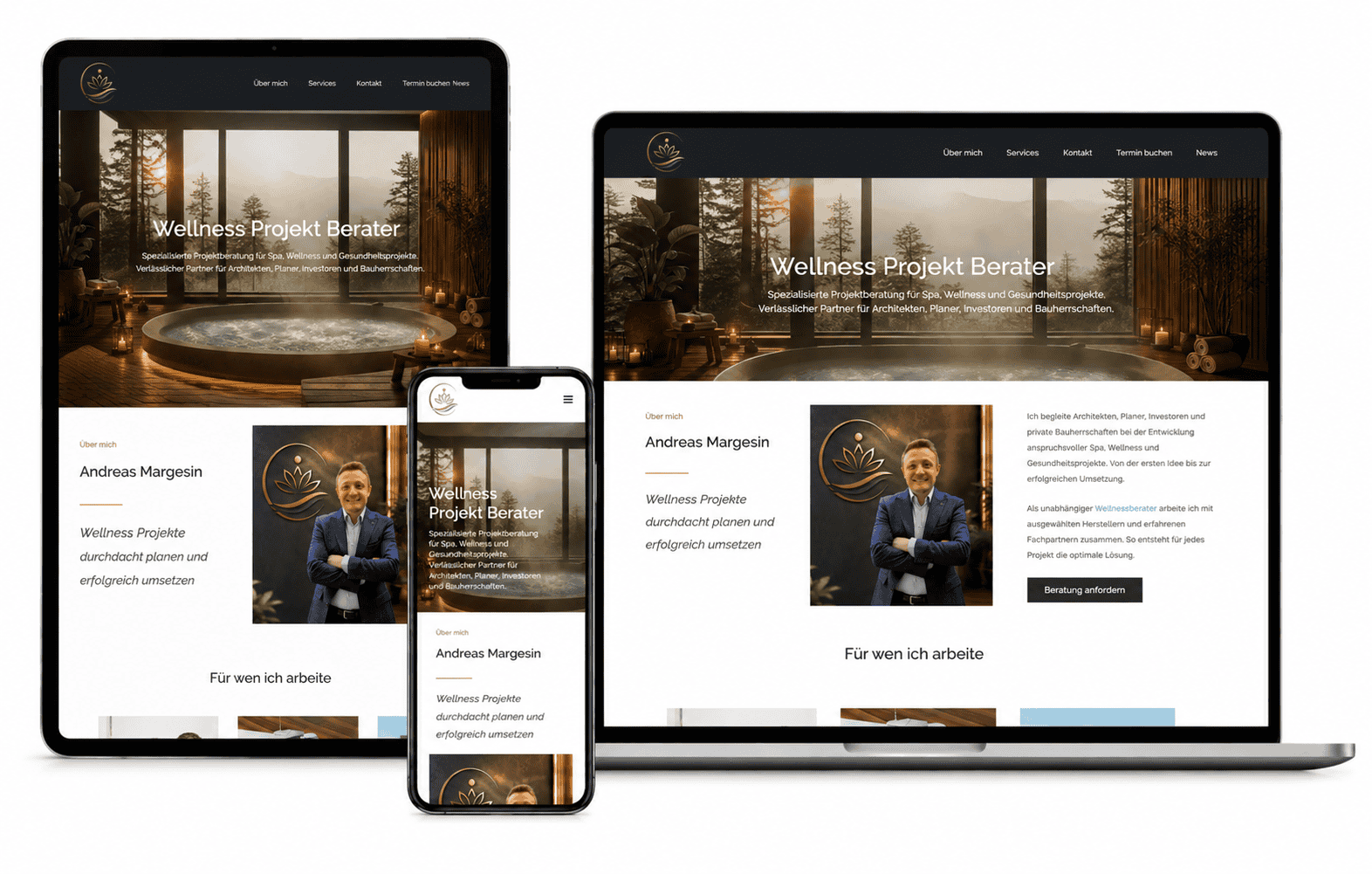 Responsive Darstellung der Webseite Wellness Projekt Berater auf Tablet, Smartphone und Laptop.