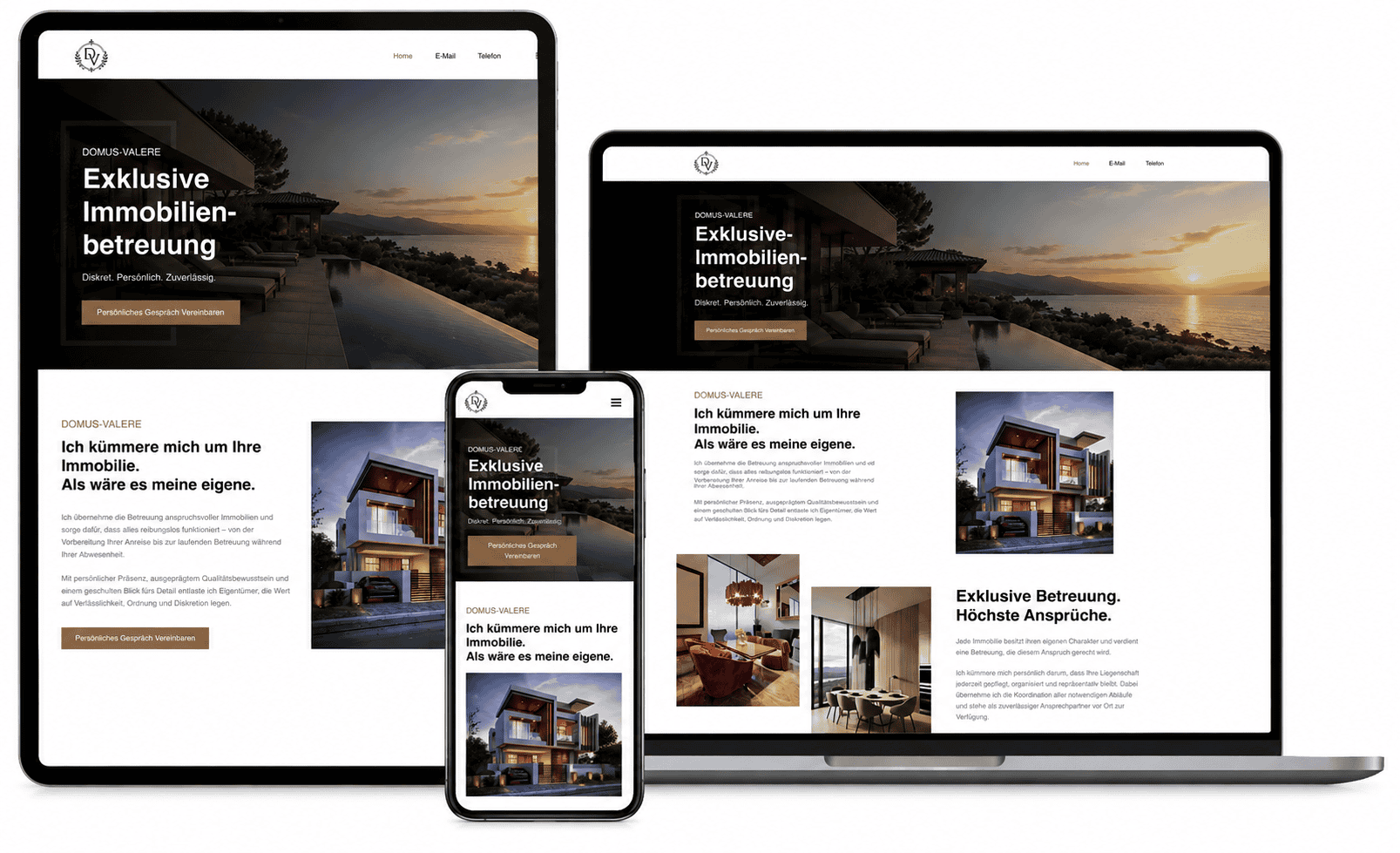 Responsive Darstellung der Domus Valere Website auf Tablet, Smartphone und Laptop mit exklusiver Immobilienbetreuung.